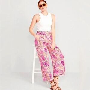 Women's OLD NAVY Floral Print High Waisted Wide Leg Playa Pants Medium Tall
